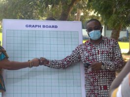 Member of Parliament for South Tongu Hon. Kobena Mensah Woyome handing over graph boards to Ms. Evelyn Araba Zentey, South Tongu District Director of Education